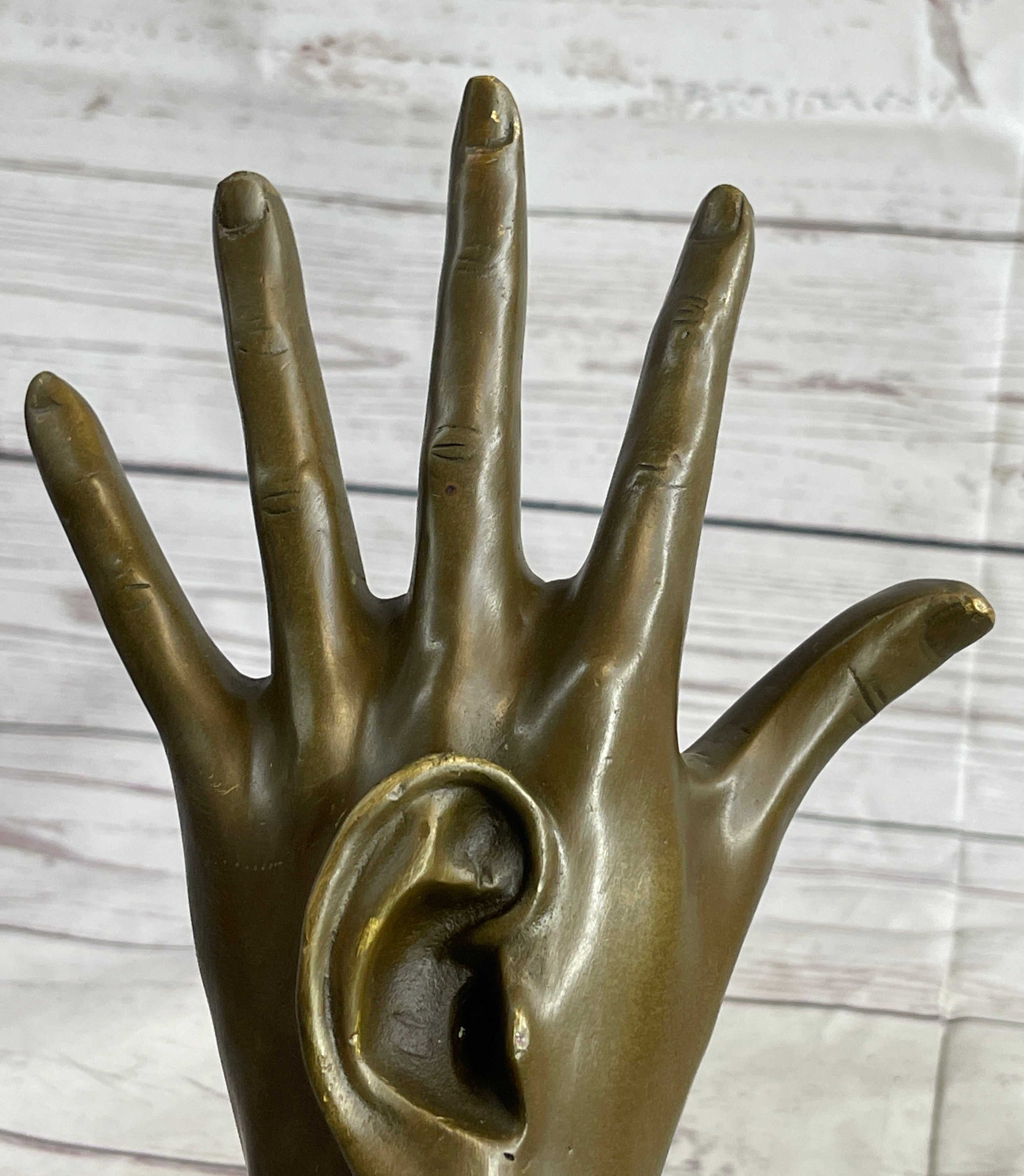 Surreal Bronze Sculpture Hand w/ Ear 13" x 5" Signed