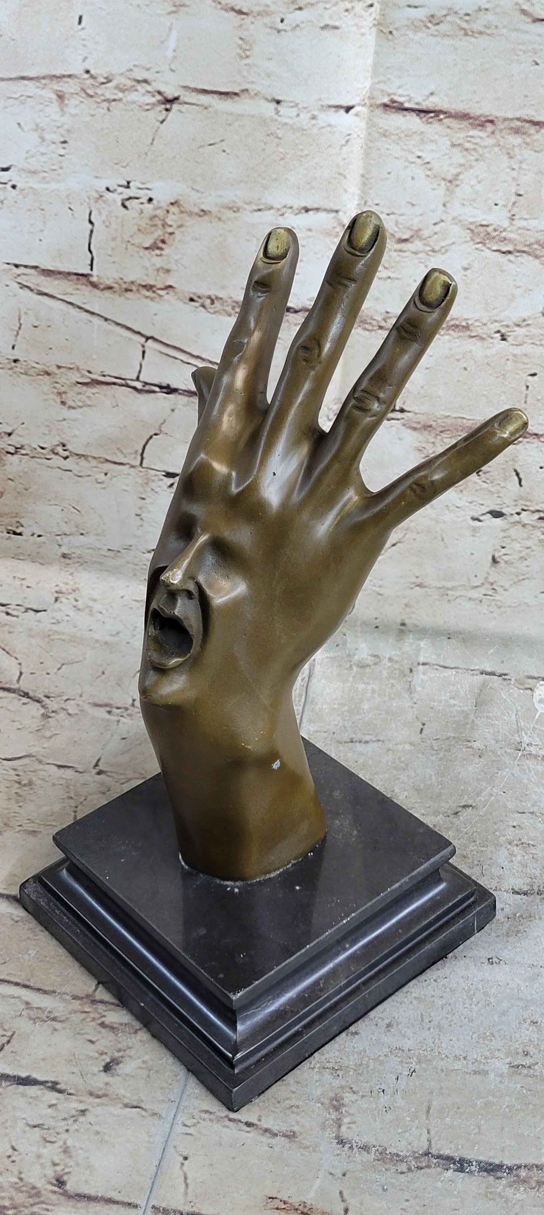 Screaming Face on Back of Hand Surrealist Bronze Sculpture