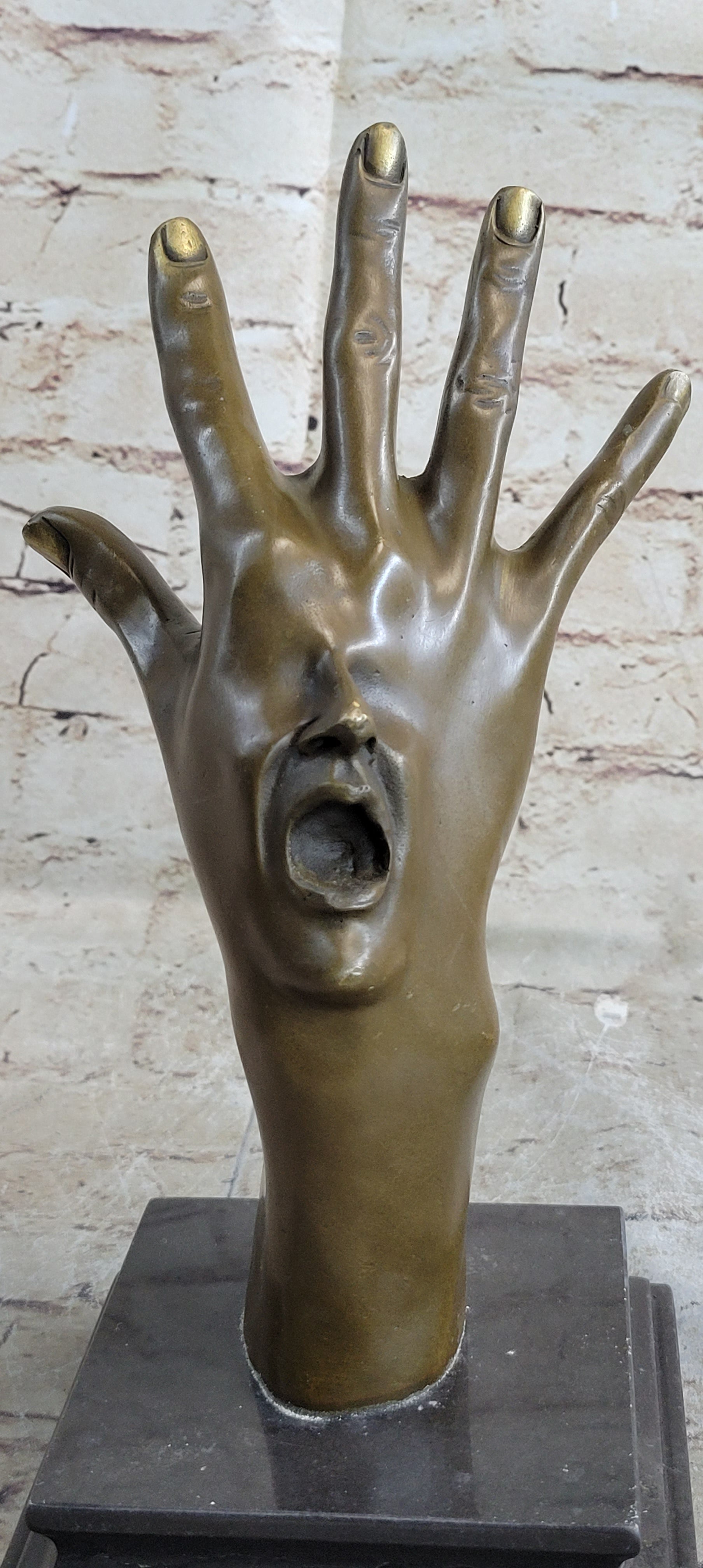 Screaming Face on Back of Hand Surrealist Bronze Sculpture