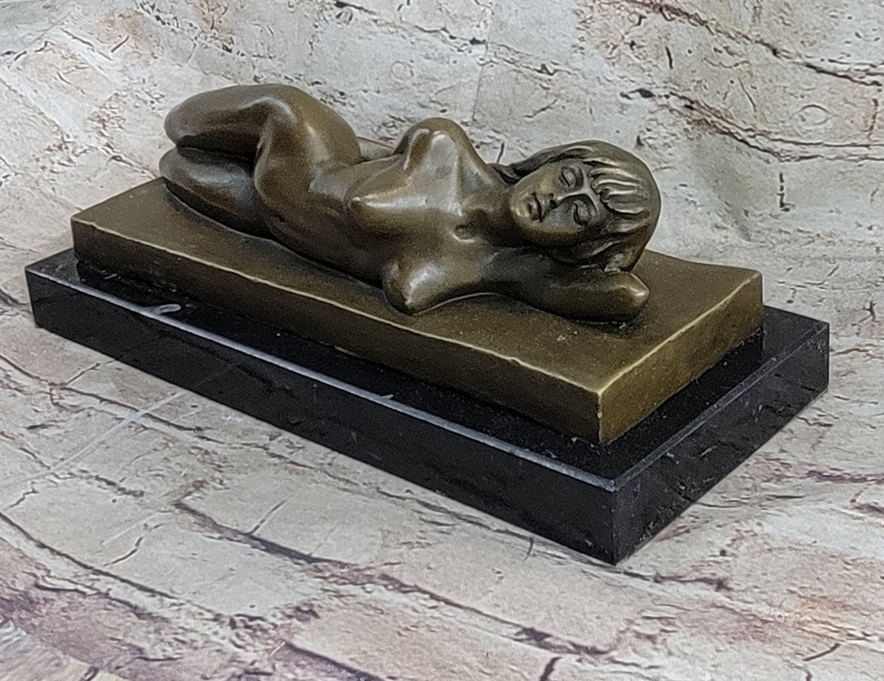Sleeping Nude Girl Art Sculpture Bronze Figure on Marble Base