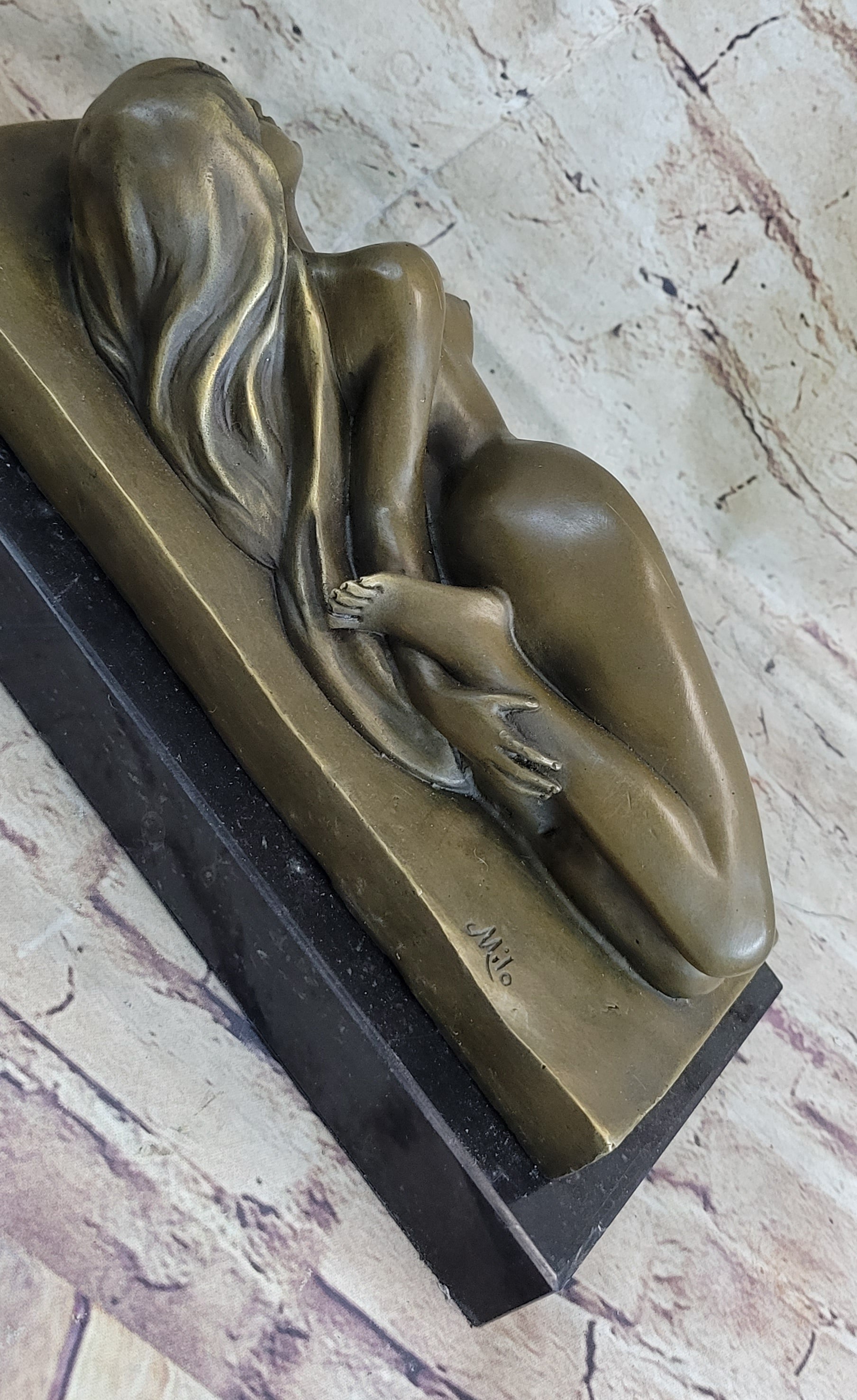 Sleeping Nude Girl Art Sculpture Bronze Figure on Marble Base