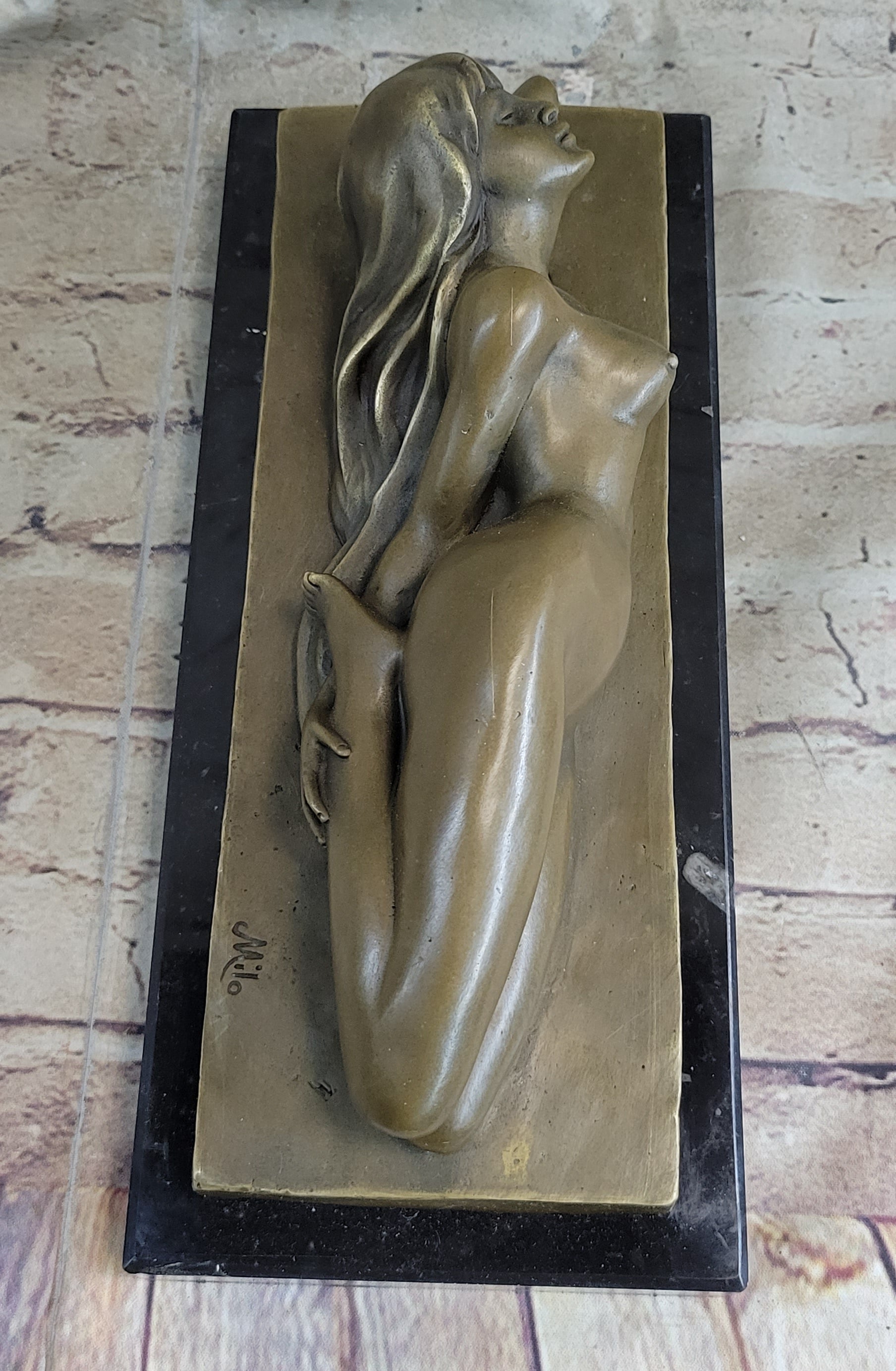 Sleeping Nude Girl Art Sculpture Bronze Figure on Marble Base