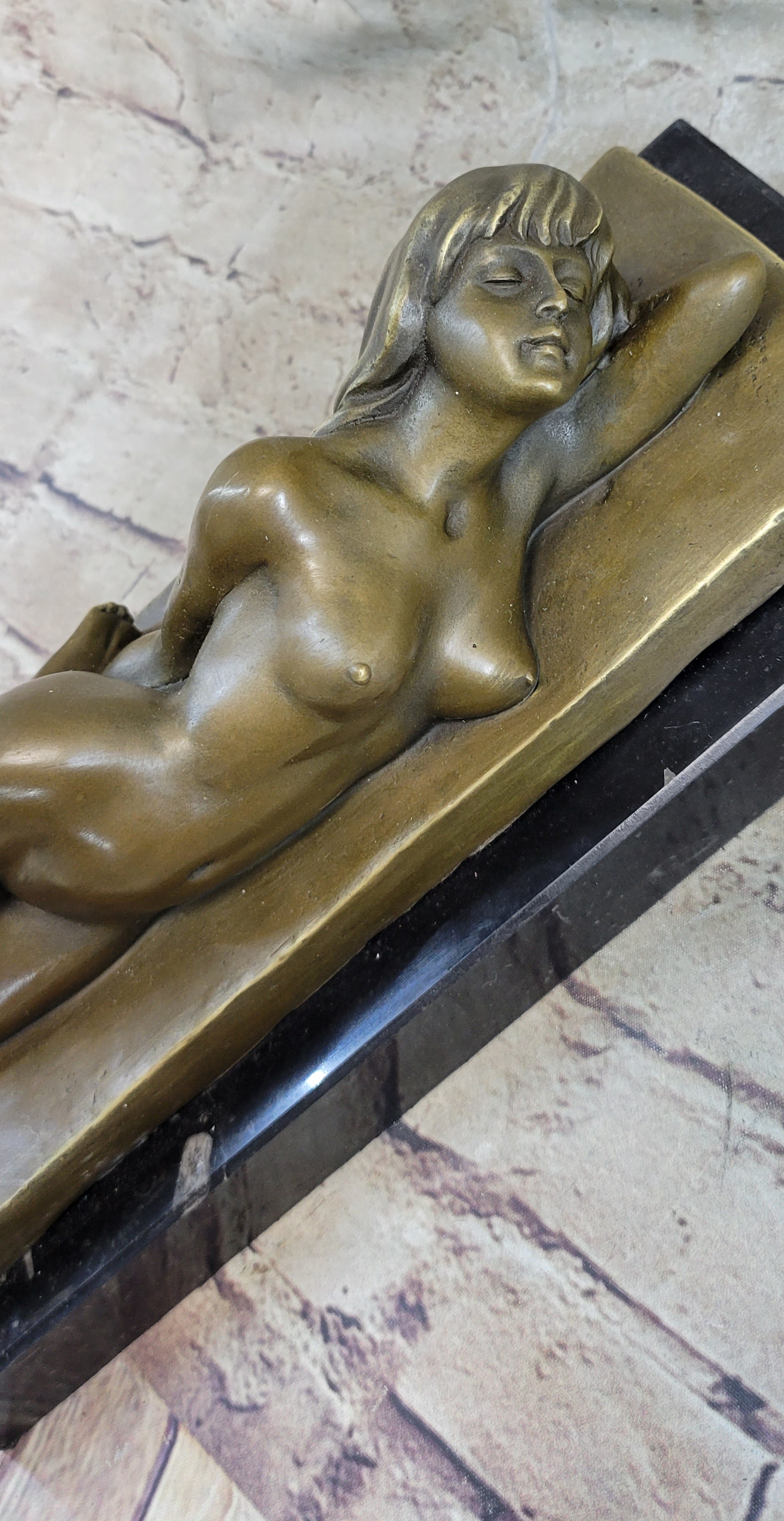 Sleeping Nude Girl Art Sculpture Bronze Figure on Marble Base