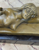Sleeping Nude Girl Art Sculpture Bronze Figure on Marble Base