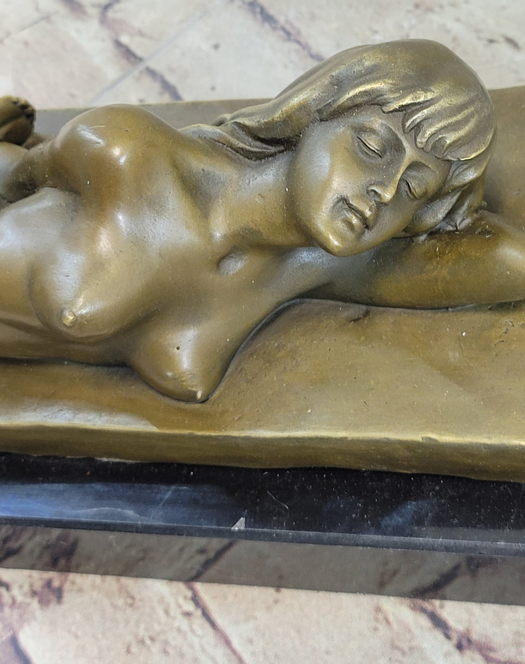Sleeping Nude Girl Art Sculpture Bronze Figure on Marble Base