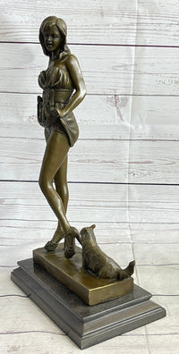 Sexy Playful Girl w/ Kitten Cat Bronze Modern Art Statue Sculpture Vitaleh Original 16" x 9"