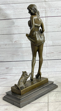 Sexy Playful Girl w/ Kitten Cat Bronze Modern Art Statue Sculpture Vitaleh Original 16" x 9"