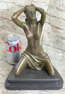 Submissive Nude Girl Blindfolded on Knees Sculpture Figure Marble Base