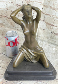 Submissive Nude Girl Blindfolded on Knees Sculpture Figure Marble Base