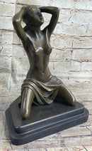 Submissive Nude Girl Blindfolded on Knees Sculpture Figure Marble Base