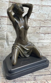 Submissive Nude Girl Blindfolded on Knees Sculpture Figure Marble Base