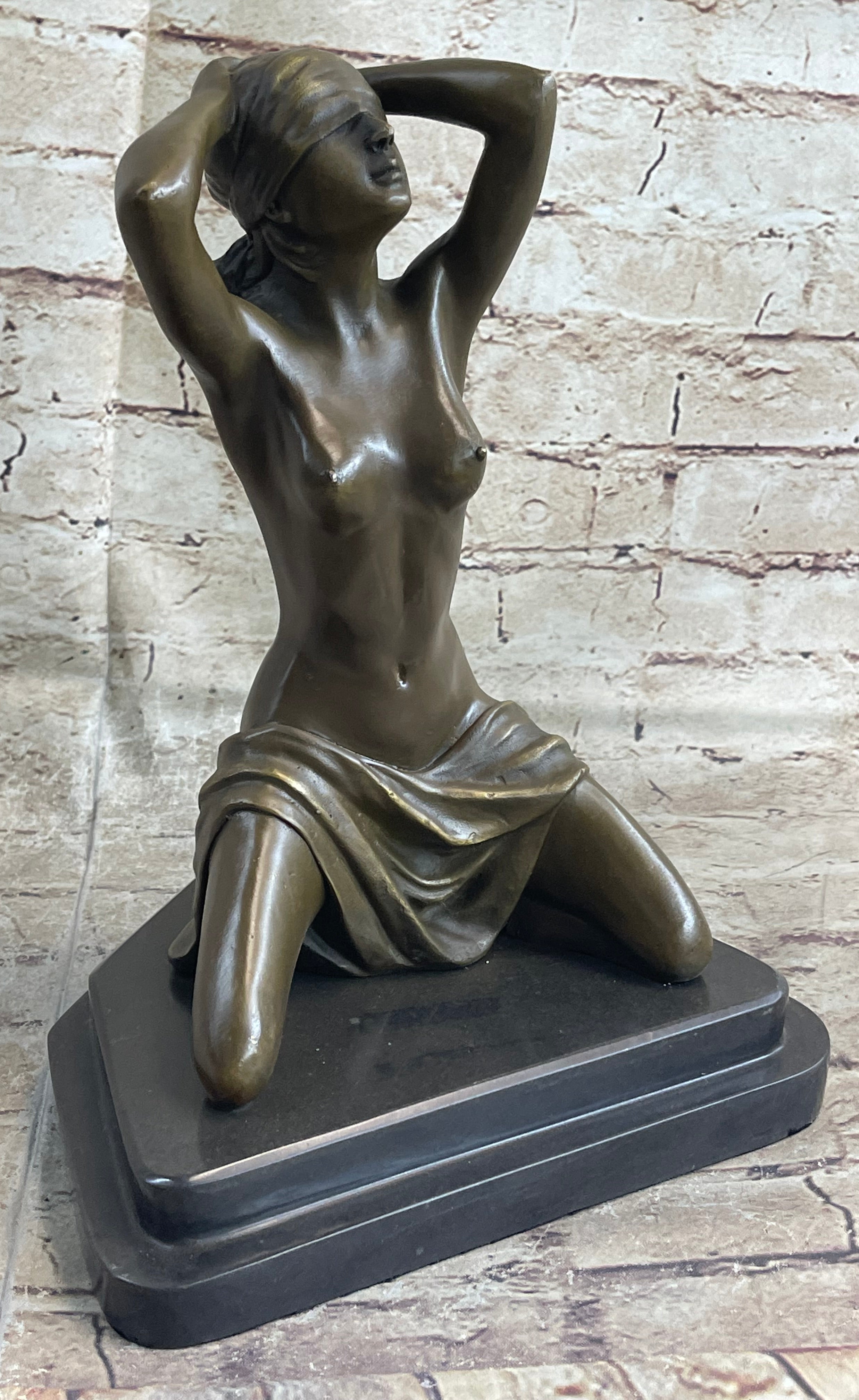 Submissive Nude Girl Blindfolded on Knees Sculpture Figure Marble Base
