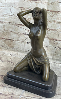 Submissive Nude Girl Blindfolded on Knees Sculpture Figure Marble Base
