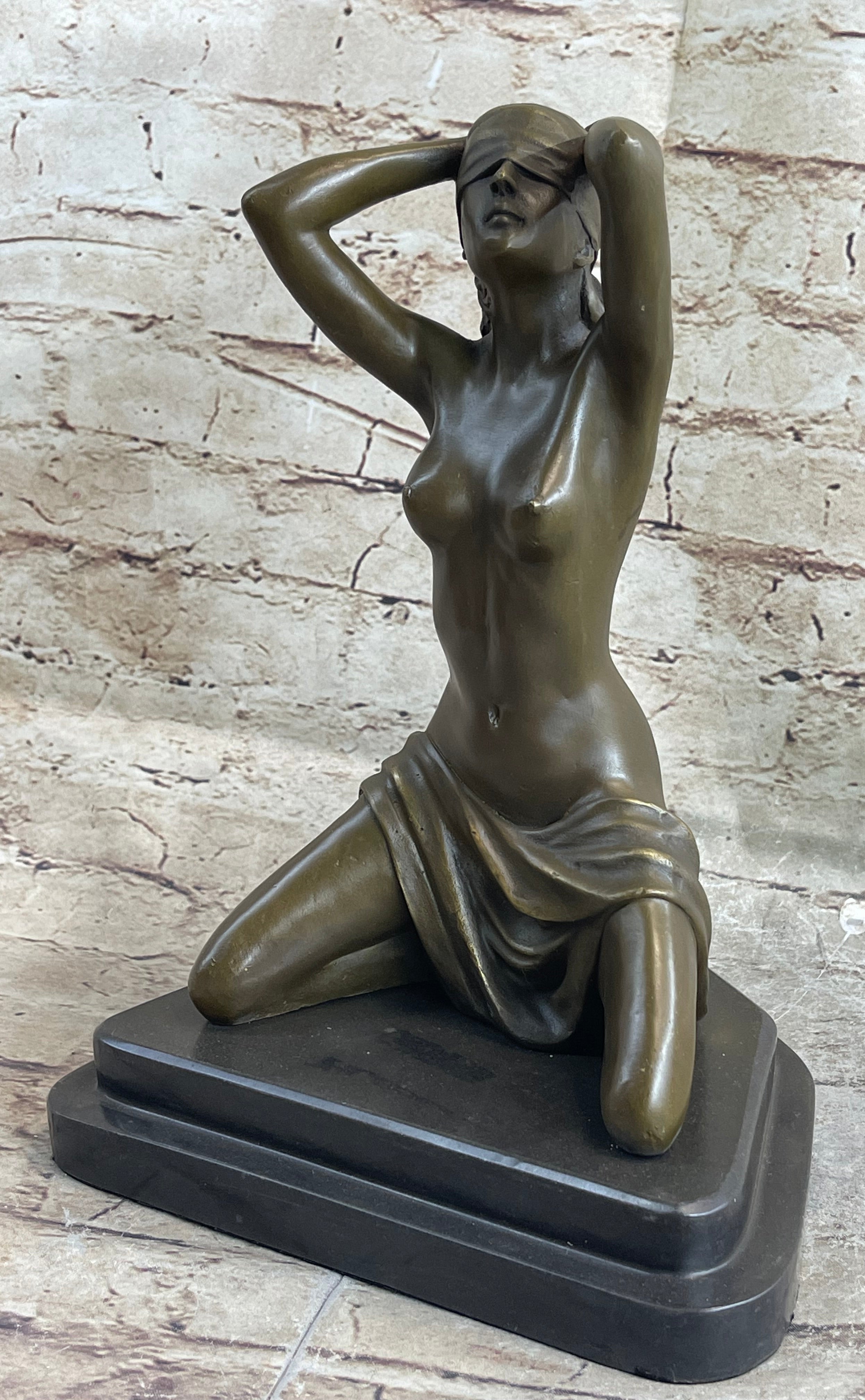 Submissive Nude Girl Blindfolded on Knees Sculpture Figure Marble Base