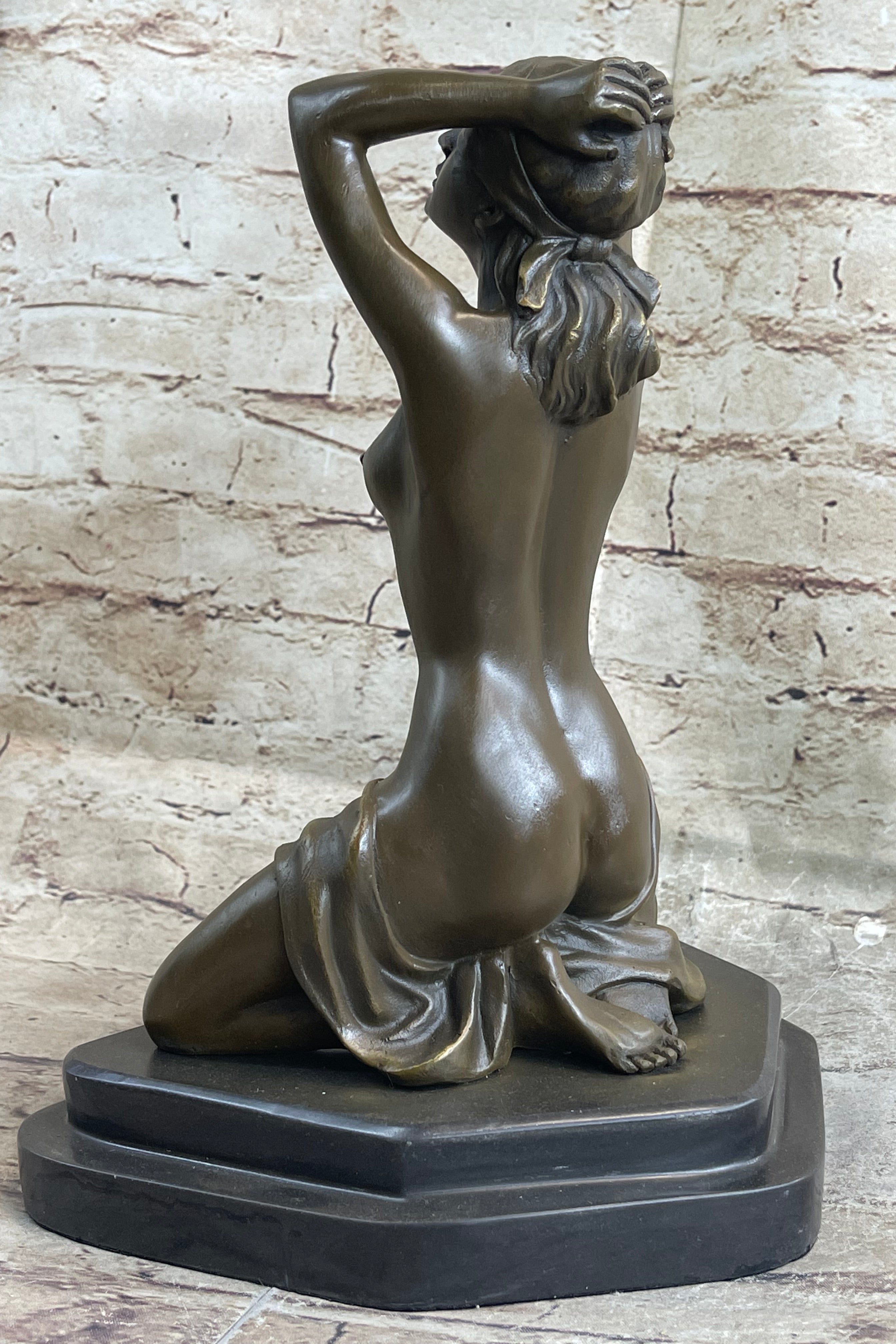 Submissive Nude Girl Blindfolded on Knees Sculpture Figure Marble Base