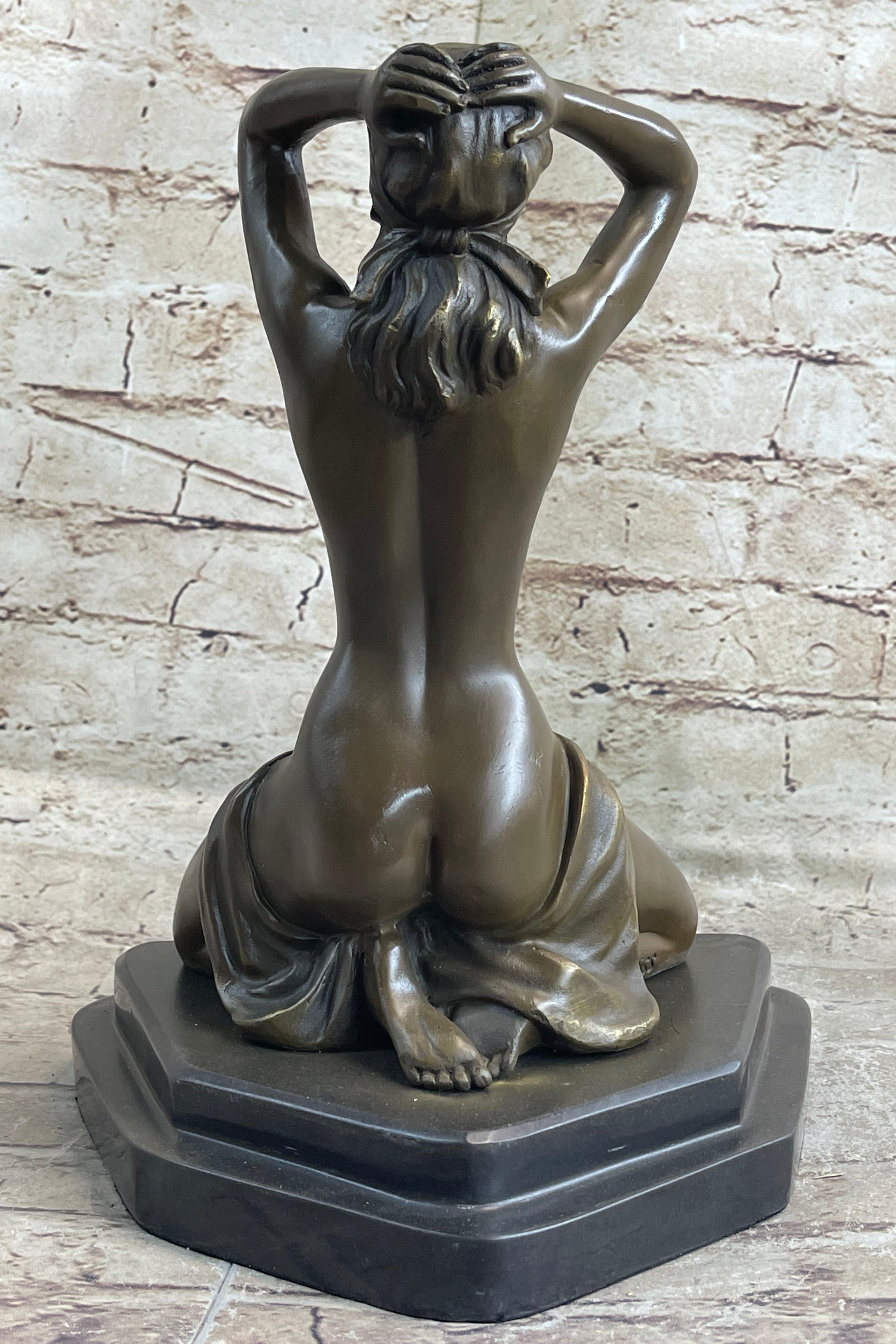 Submissive Nude Girl Blindfolded on Knees Sculpture Figure Marble Base