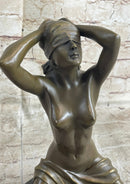 Submissive Nude Girl Blindfolded on Knees Sculpture Figure Marble Base