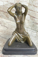 Submissive Nude Girl Blindfolded on Knees Sculpture Figure Marble Base