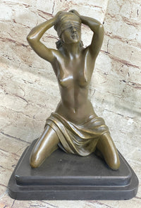 Submissive Nude Girl Blindfolded on Knees Sculpture Figure Marble Base
