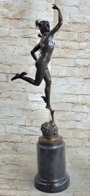 Flying Mercury Hermes w/ Caduceus Nude Bronze Sculpture Statue Figure on Marble Base