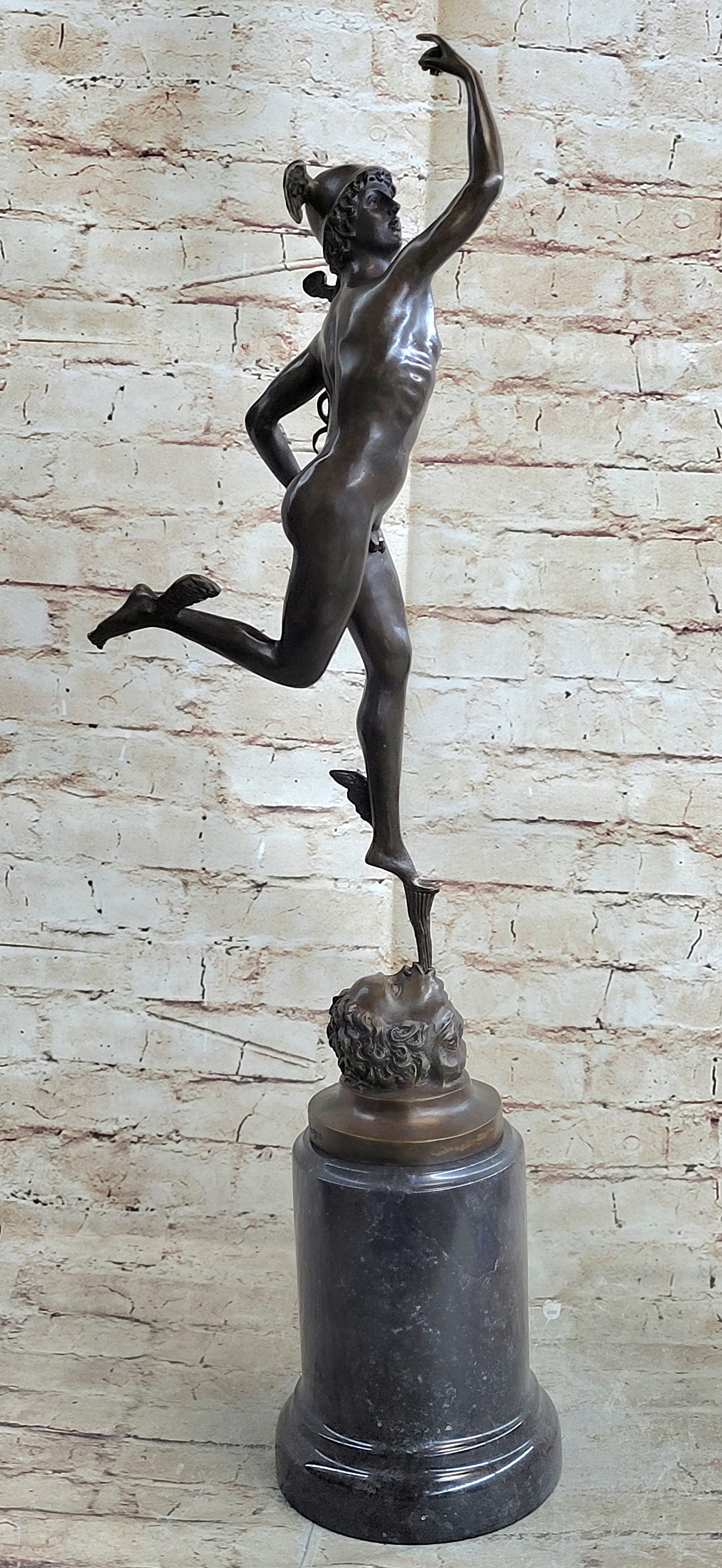 Flying Mercury Hermes w/ Caduceus Nude Bronze Sculpture Statue Figure on Marble Base