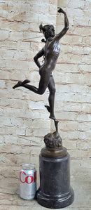 Flying Mercury Hermes w/ Caduceus Nude Bronze Sculpture Statue Figure on Marble Base