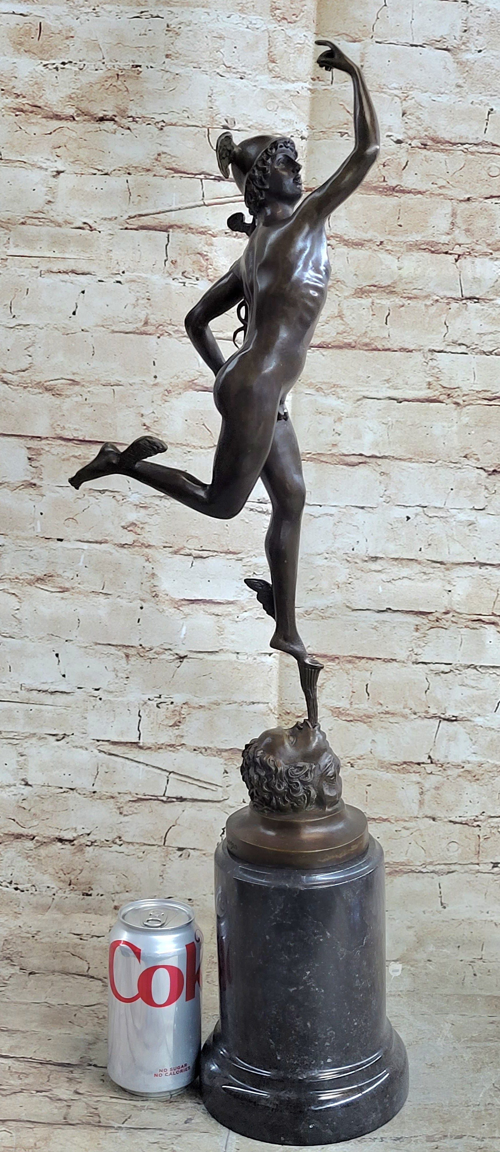 Flying Mercury Hermes w/ Caduceus Nude Bronze Sculpture Statue Figure on Marble Base