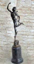 Flying Mercury Hermes w/ Caduceus Nude Bronze Sculpture Statue Figure on Marble Base