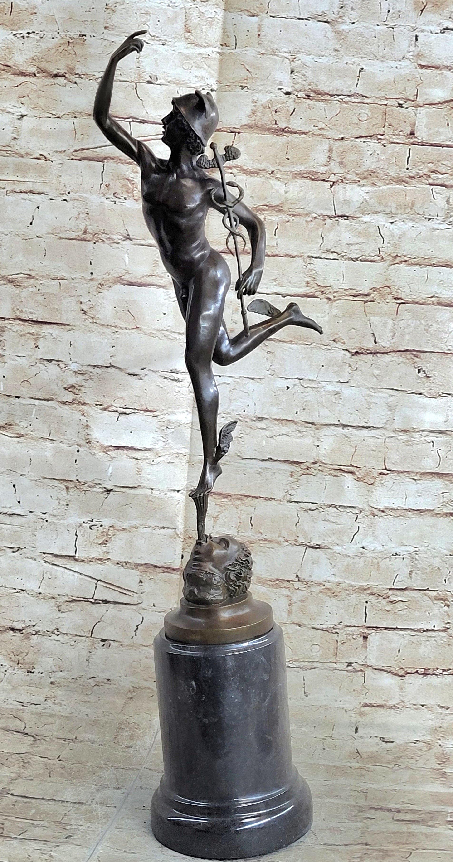 Flying Mercury Hermes w/ Caduceus Nude Bronze Sculpture Statue Figure on Marble Base