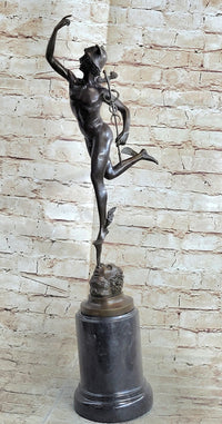 Flying Mercury Hermes w/ Caduceus Nude Bronze Sculpture Statue Figure on Marble Base