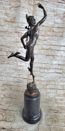 Flying Mercury Hermes w/ Caduceus Nude Bronze Sculpture Statue Figure on Marble Base