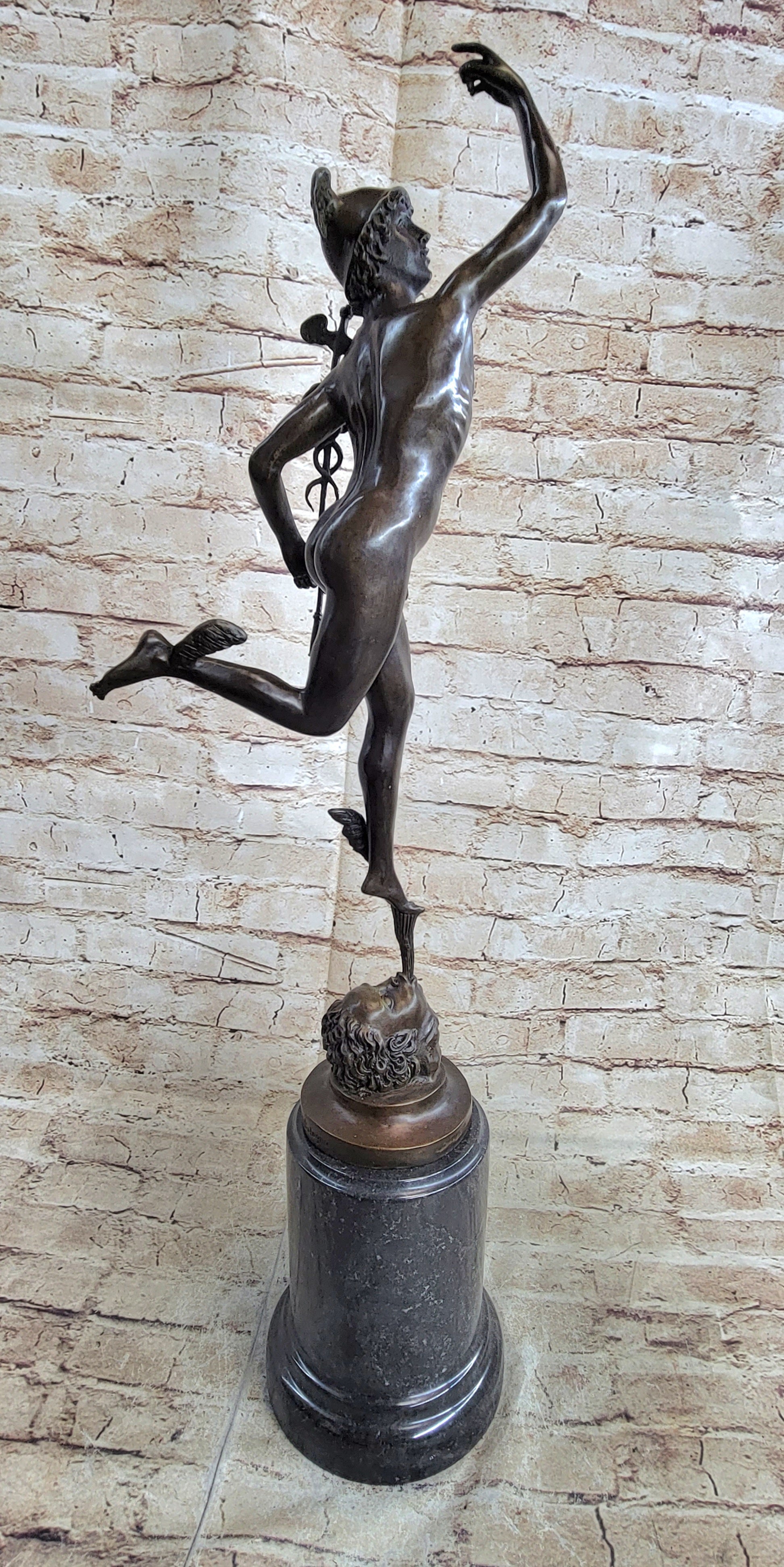 Flying Mercury Hermes w/ Caduceus Nude Bronze Sculpture Statue Figure on Marble Base