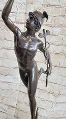 Flying Mercury Hermes w/ Caduceus Nude Bronze Sculpture Statue Figure on Marble Base