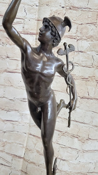 Flying Mercury Hermes w/ Caduceus Nude Bronze Sculpture Statue Figure on Marble Base