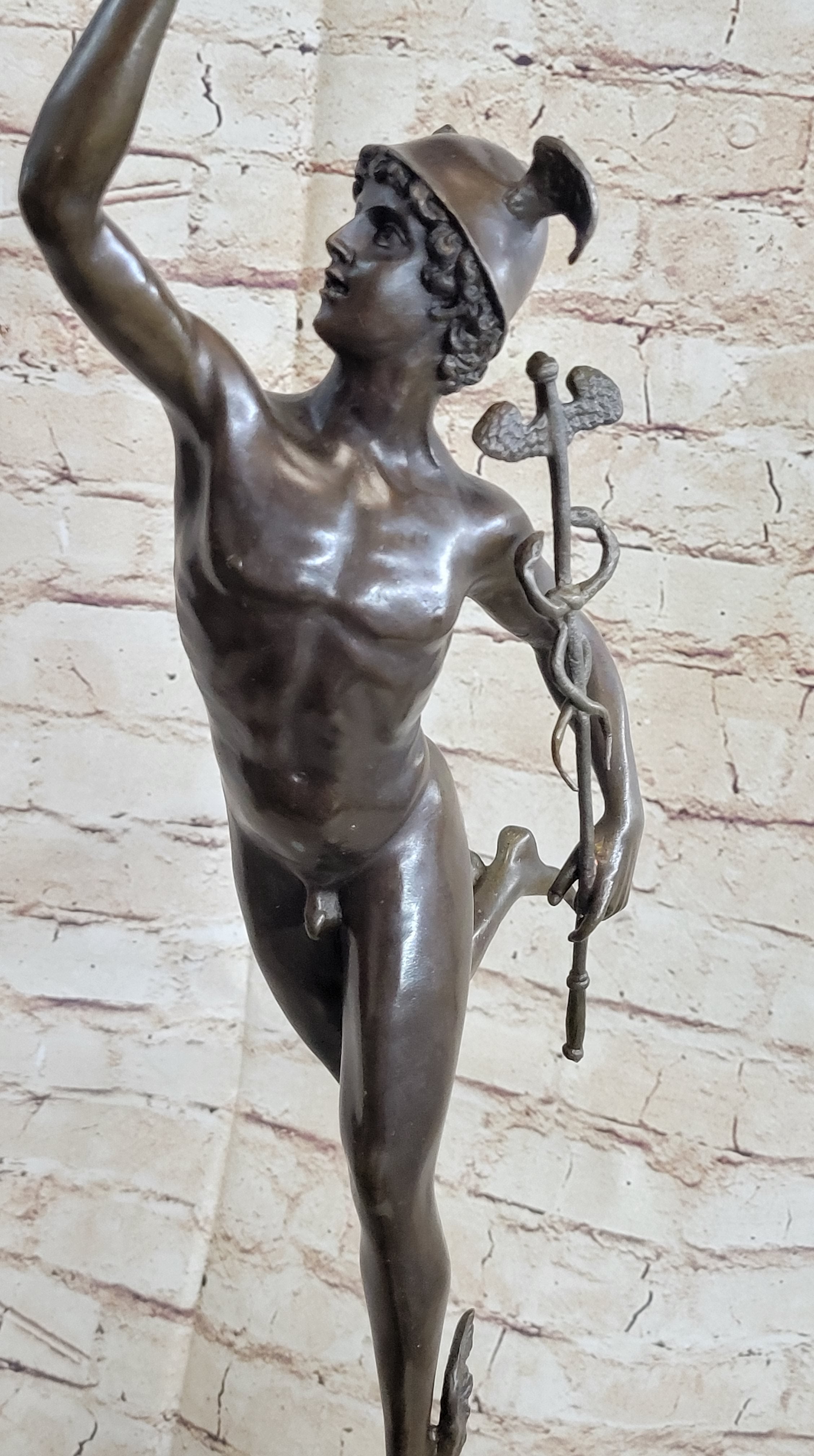 Flying Mercury Hermes w/ Caduceus Nude Bronze Sculpture Statue Figure on Marble Base