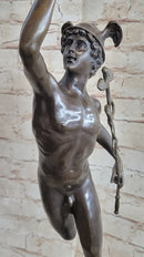 Flying Mercury Hermes w/ Caduceus Nude Bronze Sculpture Statue Figure on Marble Base
