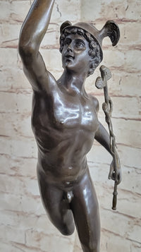 Flying Mercury Hermes w/ Caduceus Nude Bronze Sculpture Statue Figure on Marble Base