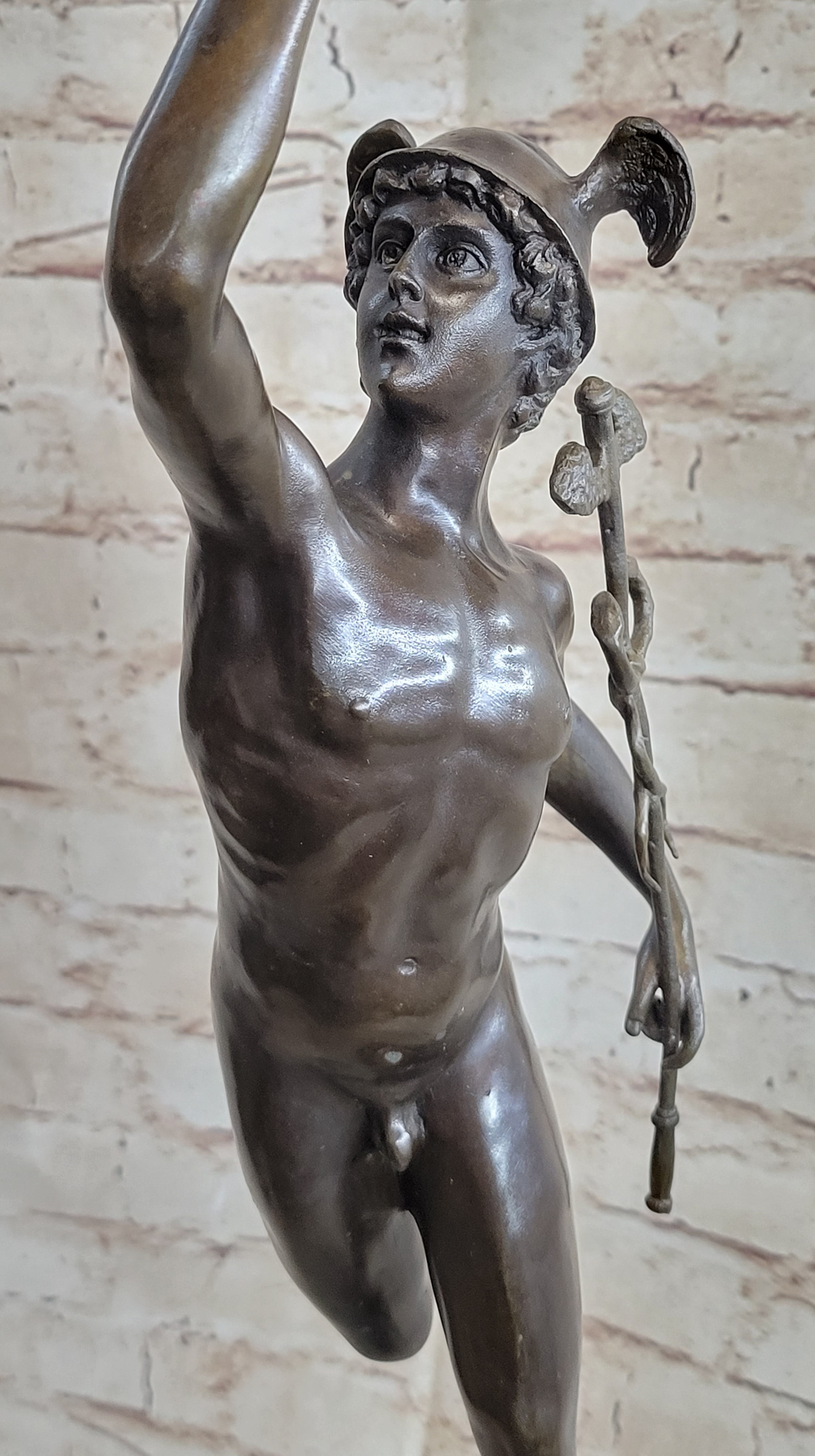 Flying Mercury Hermes w/ Caduceus Nude Bronze Sculpture Statue Figure on Marble Base