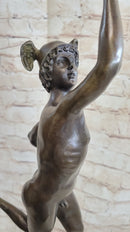 Flying Mercury Hermes w/ Caduceus Nude Bronze Sculpture Statue Figure on Marble Base