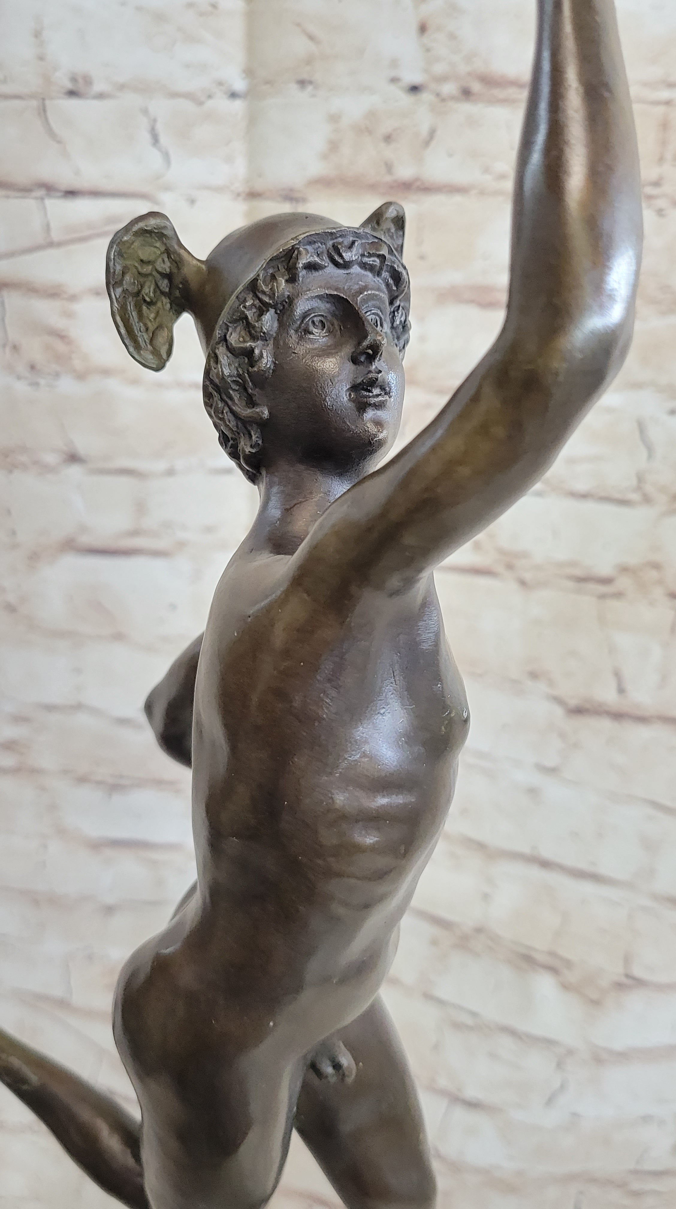 Flying Mercury Hermes w/ Caduceus Nude Bronze Sculpture Statue Figure on Marble Base