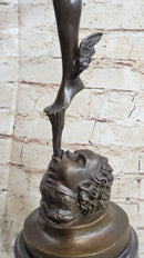 Flying Mercury Hermes w/ Caduceus Nude Bronze Sculpture Statue Figure on Marble Base
