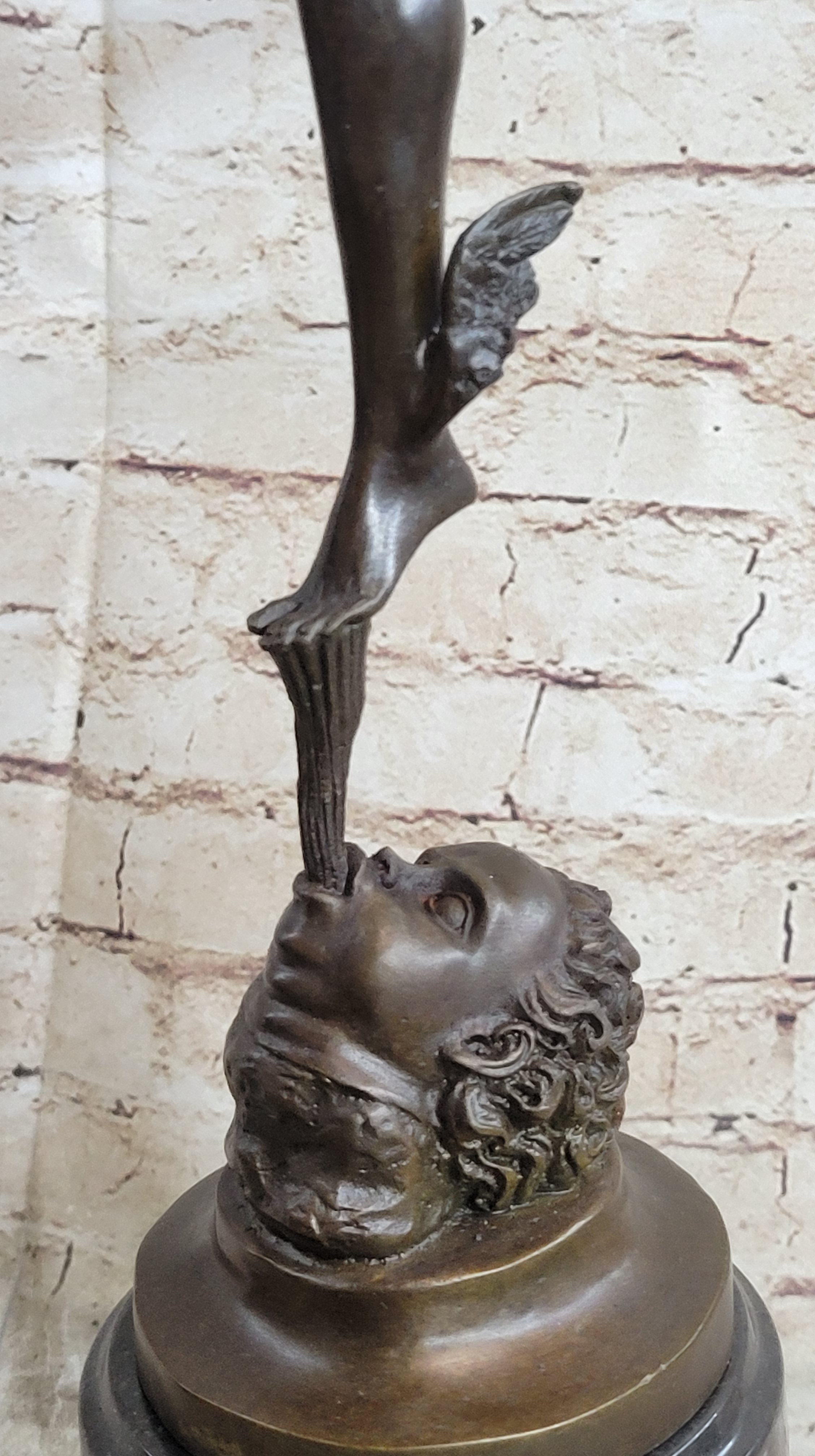 Flying Mercury Hermes w/ Caduceus Nude Bronze Sculpture Statue Figure on Marble Base