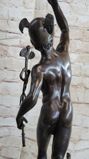Flying Mercury Hermes w/ Caduceus Nude Bronze Sculpture Statue Figure on Marble Base