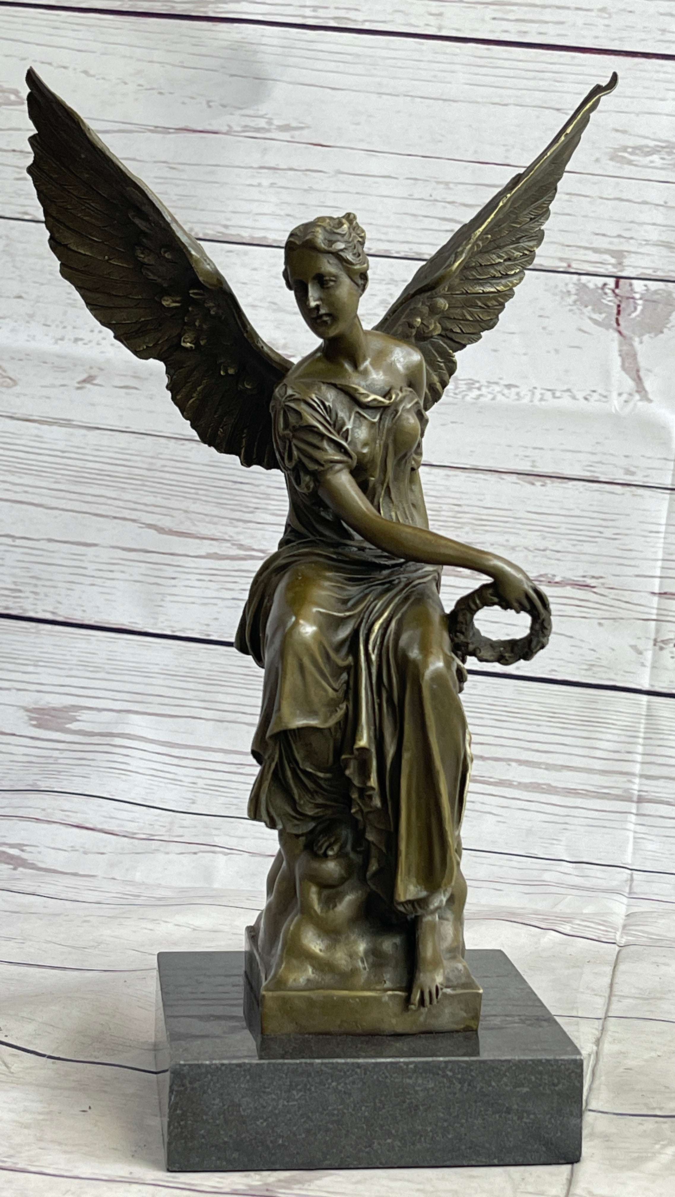Signed Moreau Angel on Celestial Throne Bronze Marble Sculpture