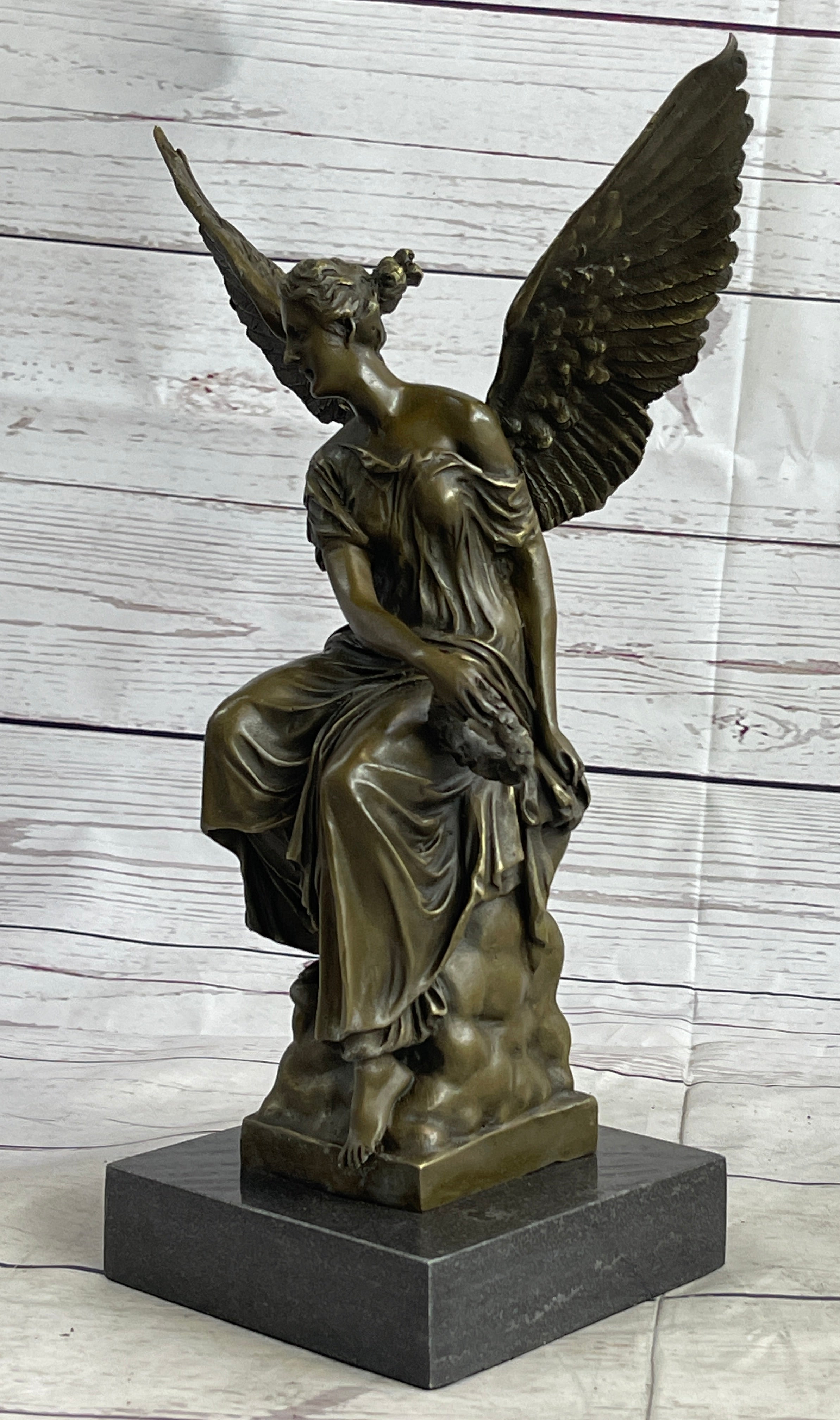 Signed Moreau Angel on Celestial Throne Bronze Marble Sculpture