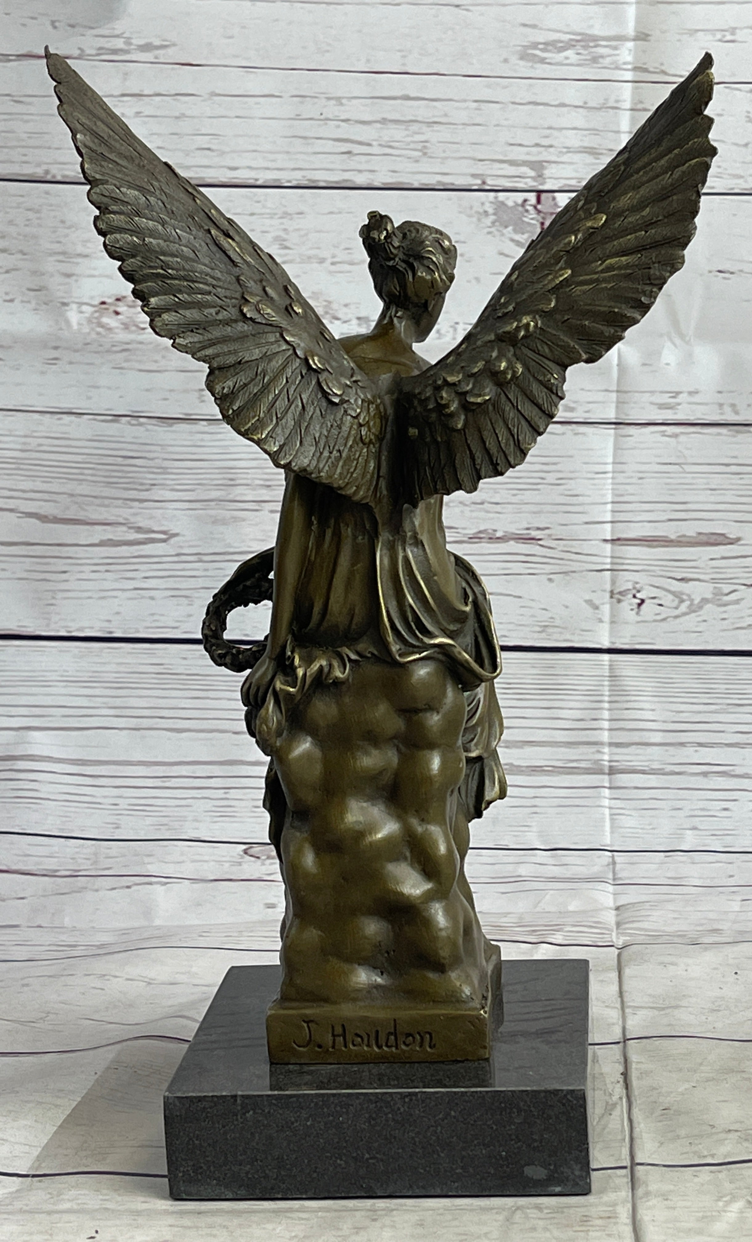 Signed Moreau Angel on Celestial Throne Bronze Marble Sculpture