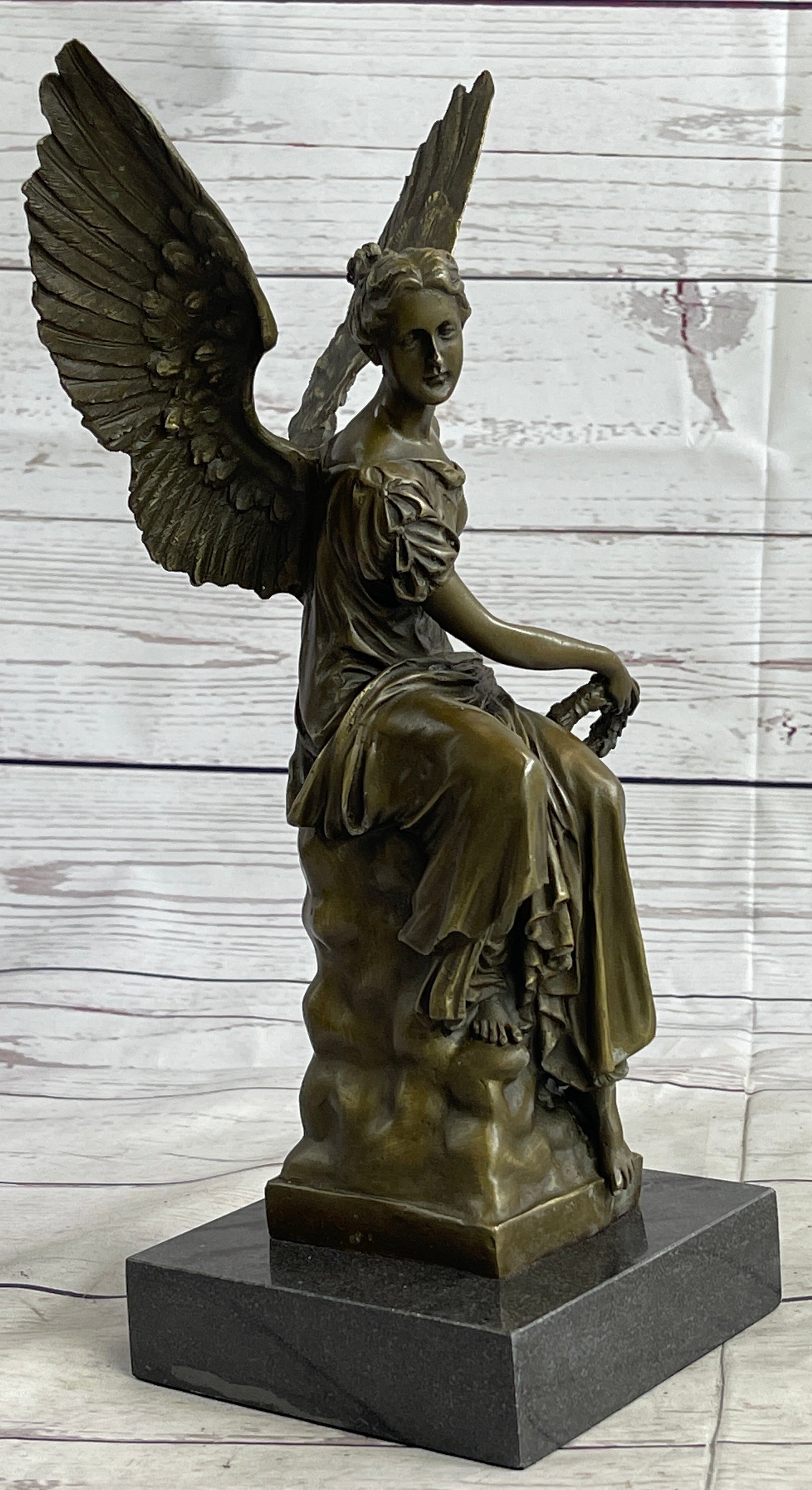 Signed Moreau Angel on Celestial Throne Bronze Marble Sculpture