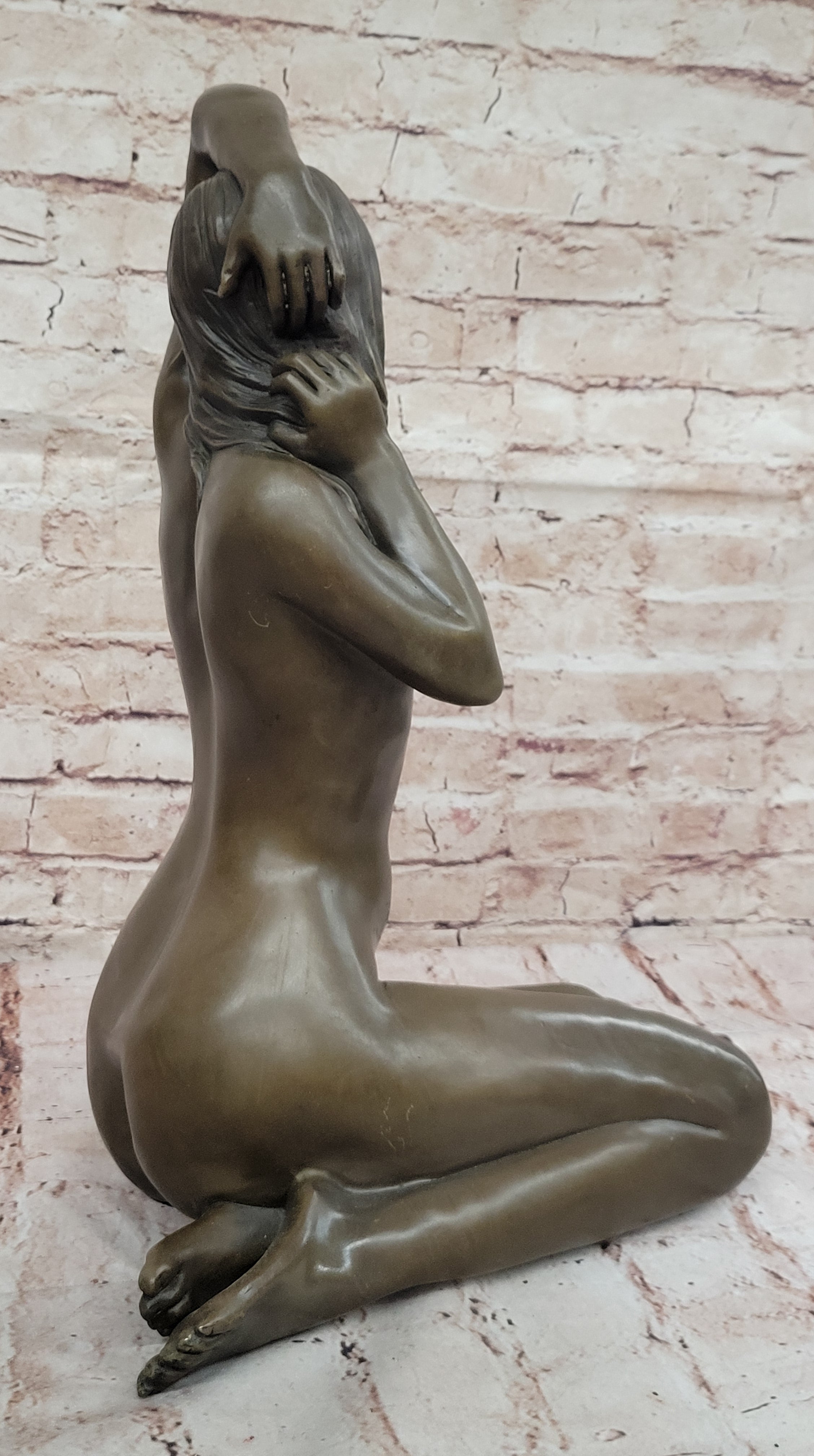Bronze Nude Female Sculpture – Sensual Kneeling Woman Figurine with Hands in Hair, Art Deco Style