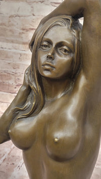 Bronze Nude Female Sculpture – Sensual Kneeling Woman Figurine with Hands in Hair, Art Deco Style