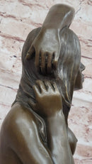 Bronze Nude Female Sculpture – Sensual Kneeling Woman Figurine with Hands in Hair, Art Deco Style